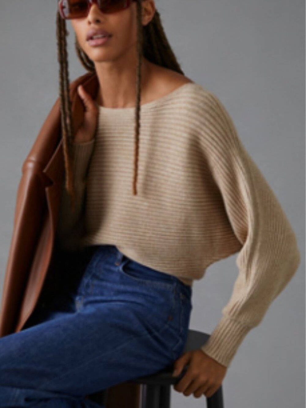 Anthro ribbed pullover sweater small beige